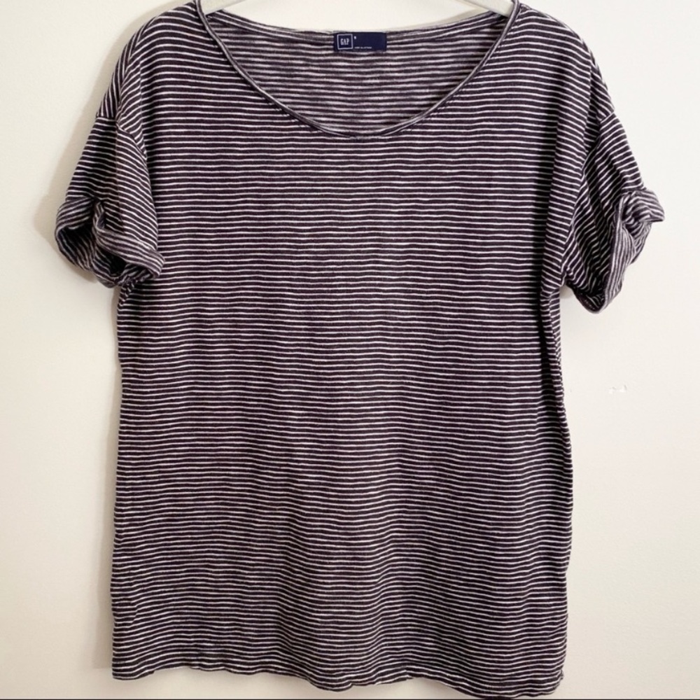 Gap Grey and White Stripe Roll Sleeve T-Shirt
